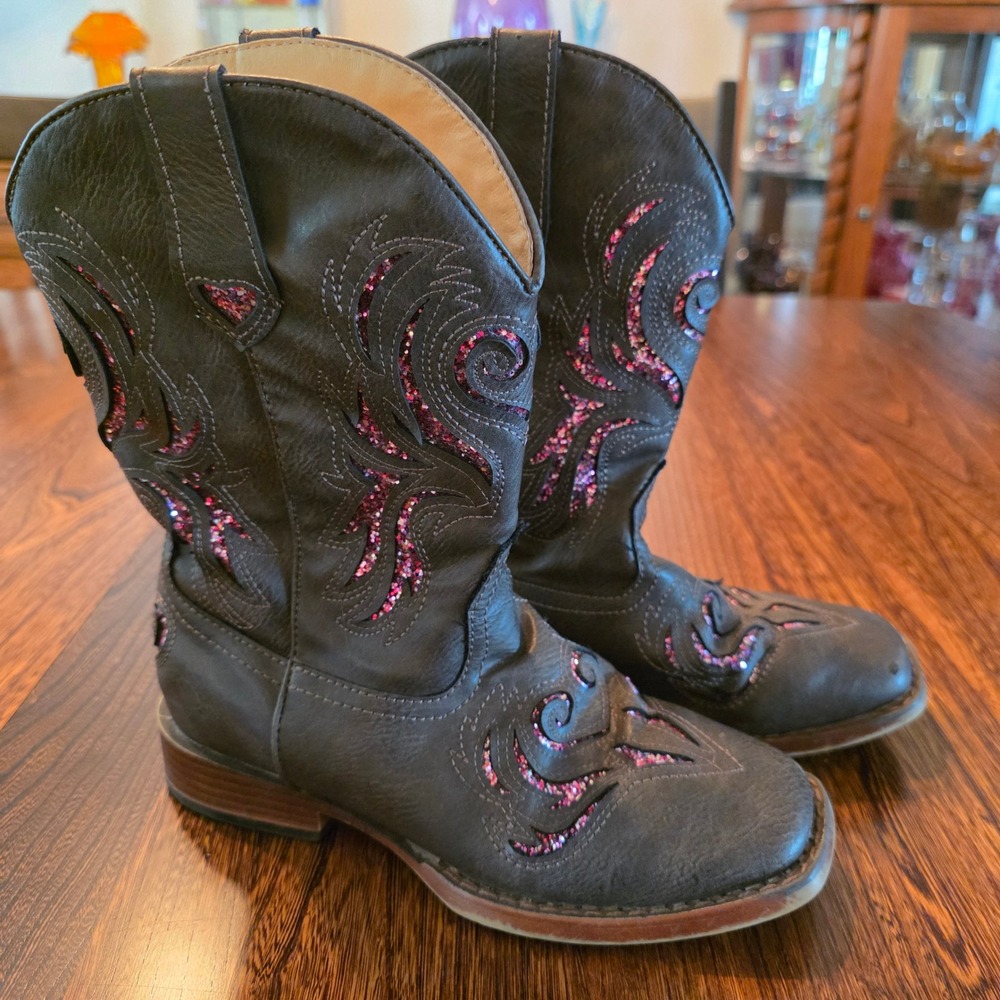 Roper Little Kids Brown Pink Glitter Heart Western Cowgirl Boots Size 3